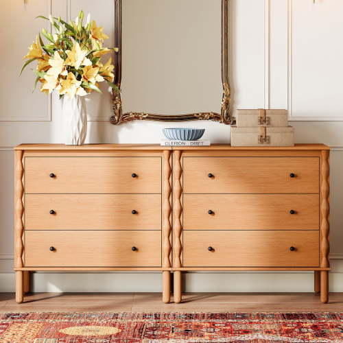 PRE-ASSEMBLED Drawer Glides & Anti-Tip Kit 6 Drawer Dresser for Bedroom，Brown