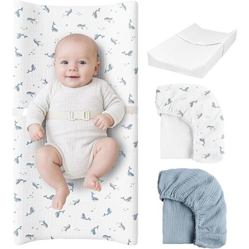 Konssy Muslin Changing Pad with Waterproof Lining Foam, Includes 2 Pack Soft & Cotton Cover, Baby Diaper Changing Pad for Dresser or Table, 32x16 inches (Little Whales, Blue)