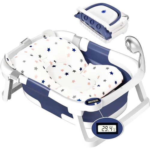 Inkcraft Collapsible Baby Bathtub with Cushion & Thermometer, Portable Foldable Infant Bath Tub, Travel-Friendly PP+TPE, Newborn to Toddler Baby Bathing Tub, Baby Shower Gift