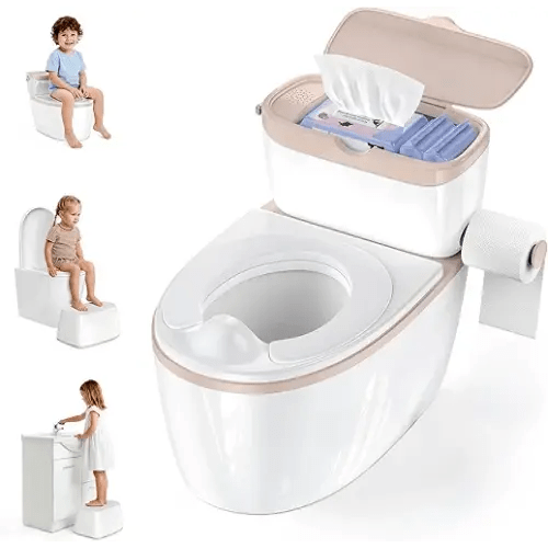 3-in-1 Toddler Potty Training Toilet with Flushing Sound, Wipes Storage & Toilet Paper Holder, Realistic Potty Chair with Detachable Seat and Easy-Clean Design for Boys & Girls Ages 18+ Months (Brown)