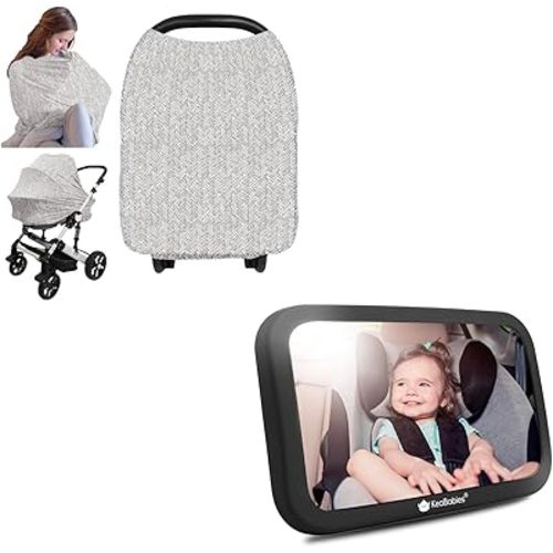KeaBabies Car Seat Cover for Babies and Large Shatterproof Baby Car Mirror - Nursing Cover, Safety Baby Car Seat Mirror, Baby Car Seat Cover, Baby Car Mirror for Back Seat Rear Facing Infant