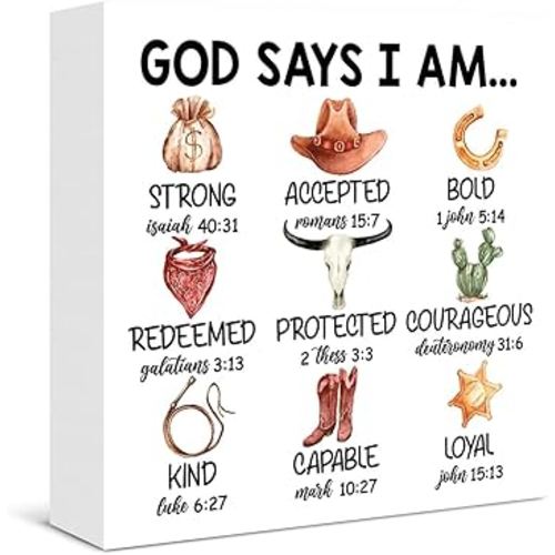Western Cowboy Decor God Says I Am Cowboy Christian Bible Verses Wooden Box Sign for Toddler Boys Room Bedroom Playroom Nursery Decor Wild West Decorations