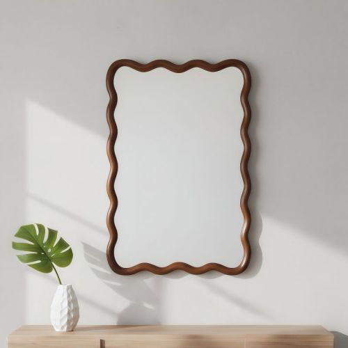 KTMBDW 20" x 30" Wavy Rectangle Wood Frame Wall Mirror, Decorative Country Rustic Decor for the Living Room, Bedroom, Bathroom, Hallway, Dark Walnut