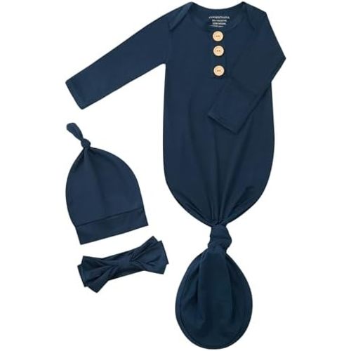 Newborn Knotted Gown Set, Soft Breathable Baby Sleep Gown with Hat & Headband for Boys Girls