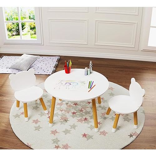 UTEX Kids Wood Table and Chair Set, Kids Play Table with 2 Chairs,3 Pieces Wood Round Table for Toddlers, Girls, Boys,White