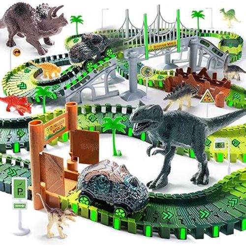 268 PCS Race Tracks Dinosaur Toys for Kids 3-5, Glow in The Dark Magic Toy Set, 2 Dinosaur Cars Track, Flexible DIY Track Set, Birthday Gift for Age 3-9 Boys Toddler Girls