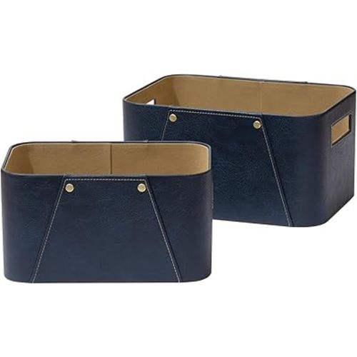 La Jolie Maison Storage Baskets for Organizing, 2 Pack, Luxury Vegan Leather Storage Cube Boxes for Closet Shelf Cabinet Bookcase, Navy Blue