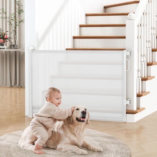 Retractable Baby Gate for Stairs & Doorways, Dog Gate Indoor Outdoor | Extends to 55" Wide 34" Tall Mesh Child Gate for Hallways, Deck, Porch, Pet Toddler Safety Essentials, Easy Install, White