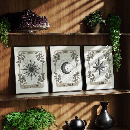 Sun, Moon & Star Tarot Prints: Dark Academia Witchy Art (Set of 3)