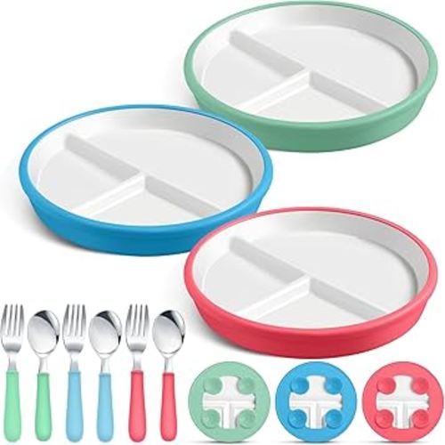 3 Pack 8" Large Porcelain Toddler Plates Feeding Set, Ceramic Kids Suction Plates with Anti Slip Silicone Sleeve for Baby 3 Spoons and Forks Divided Kids (Peach,Green,Light Blue)