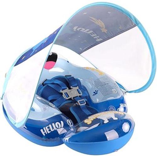 Swimbobo Infant Pool Float with Sun Canopy Inflatable Baby Swimming Floatie with Sponge Safety Bottom Support Water Toys Swim Trainer(Blue Monster,Large)