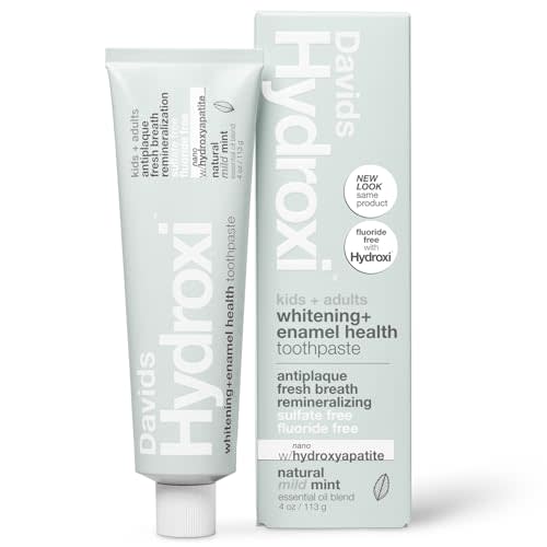 Davids Hydroxi Mild Mint Fluoride Free Nano Hydroxyapatite Toothpaste for Enamel Health & Whitening, Antiplaque, SLS Free, Kid Friendly Gentle Mint Flavor, 4 oz, Made in USA
