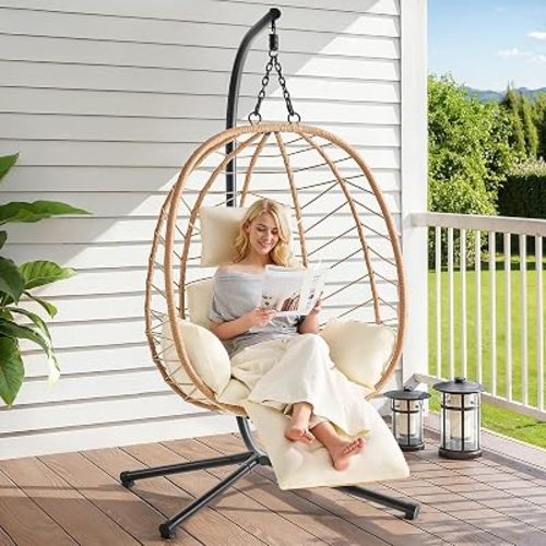 ONBRILL Hanging Egg Chair with Adjustable Footrest & Stand, Max Load 350LBS
