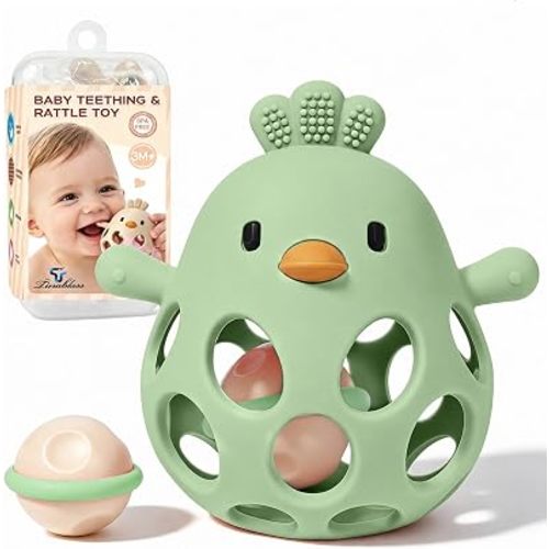 Tinabless 2-in-1 Baby Teether Rattle Toy, Easy Grip Silicone Teething Toy for Babies 3-12 Months, BPA-Free Sensory Chew Toy for Sore Gums, Infant Shower Gift (Green w/Rattle)