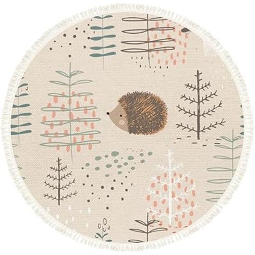 Woodland Animal Rug Round Rugs Forest Seamless Pattern Funny Hedgehogs Hand Boho Area Rug Linen and Cotton Carpet Meditation Rug Washable Hallway Runner Mat Accent Rug for Bedroom Nursery 4ft