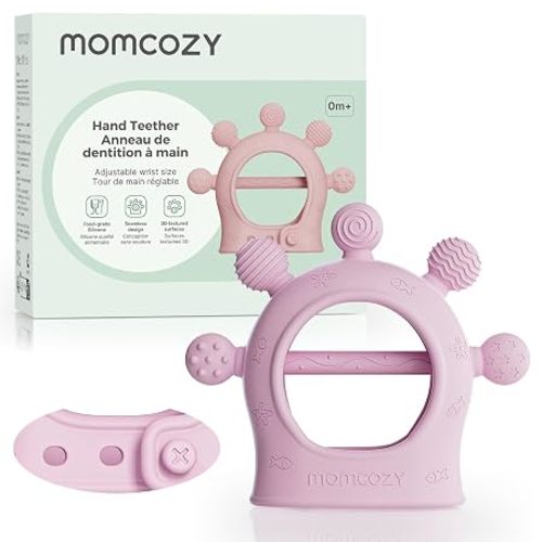 Momcozy Baby Teether Toys | Silicone Teether for 0-12 Months | Pink |Baby Teething Relief |Adjustable Teething Mitten
