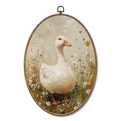 Yorhifa Vintage Duck Wildflower Framed Wall Art, Cottagecore Daisy Floral Duck Oval Wall Art, Rustic Farm Animal Oval Walls Decor, Farmhouse Country Canvas Artwork Hanging Decor, 8.5x11.5 Inch