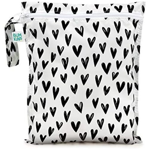 Bumkins Waterproof Wet Bag, Washable, Reusable for Travel, Beach, Pool, Stroller, Diapers, Dirty Gym Clothes, Wet Swimsuits, Toiletries, 12x14 – Black Hearts