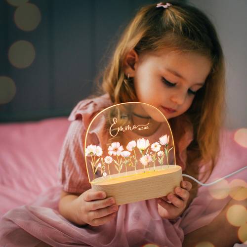 Custom Night Light for Baby Girl, Toddler Bedside Night Light, Custom Name Lamp, Floral Night Light for Nursery Decor, New Baby Gift