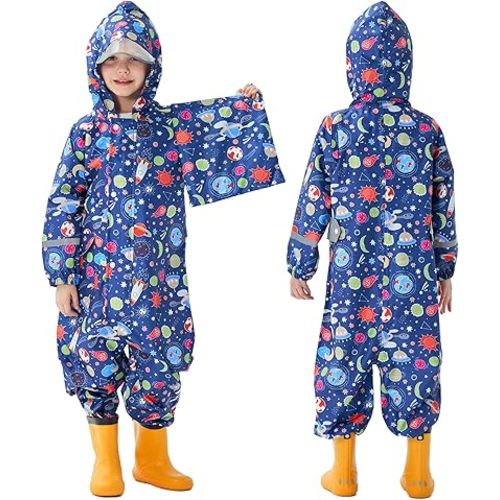 Kids Toddler Rain Suit for Boys Girls One Piece Hoodie Zipper Cartoon Waterproof Coverall Rain Jacket 1-10 Years
