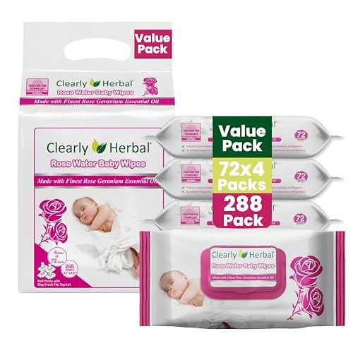 Clearly Herbal Baby Wipes, Rose Water Formula, made with Essential Oils and Natural Herbal Extracts, Bundle Pack 288 Plant Based Wipes (4 Packs x 72 Count)