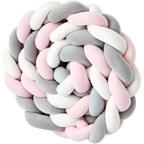 Mixed-Color Handmade 3-Strand Braided Knot Pillow, Soft Plush Decorative Throw Pillow for Bed Sofa Living Room Decor (White Pink and Grey, 141.7in(3.6m))