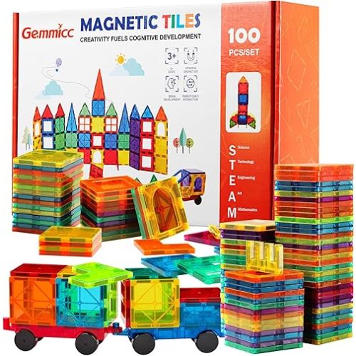 Gemmicc Magnetic Tiles 100 PCS with 2 Cars, STEM Approved Educational Magnet BuildingToys, Magnet Puzzles Stacking Blocks for Boys Girls