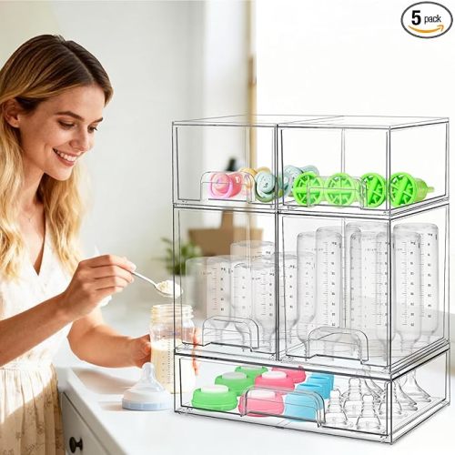 Baby Bottle Organizer for Countertop, 5Pack Stackable Baby Organizers and Storage for Bottles, Clear Acrylic Container with Drawer for Kitchen, Cabinet, Vanity, Bathroom, Pantry Organization