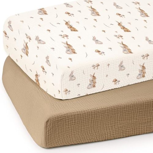 lulumoon Baby Muslin Crib Sheets: Soft & Breathable Fitted Crib Sheets for Boys and Girls - Khaki Bunny Sheets for Standard Crib 2Pack