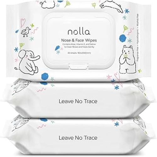 Nolla Nose and Face Wipes for Babies & Kids with Saline, Vitamin E, & Aloe | Unscented | Compostable, 90 Count (3 Packs of 30)