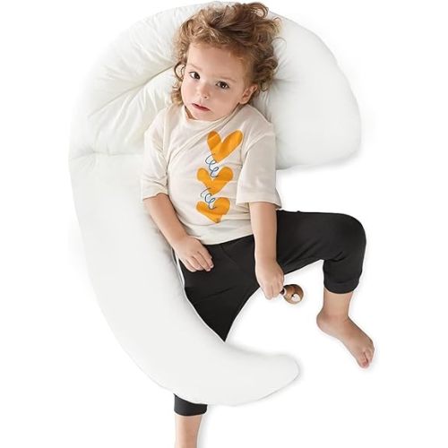 Choc chick Curve Long Toddler Kids Body Pillow for Sleeping, 34x27 inches Moon Shape Soft Child Hug Pillow, 100% Natural Cotton Pillowcase, Washable & Breathable Crib Pillow for Kids