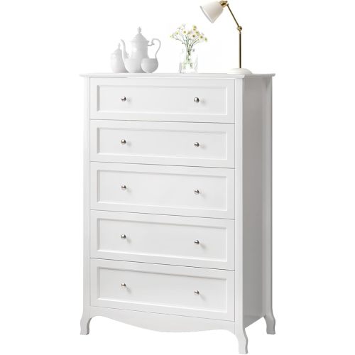 VINGLI White Dresser 5 Drawer Chest of Drawers for Bedroom, 44.5" Tall Wood Dresser with Drawers, 29.92" W*15.75" D*44.49" H
