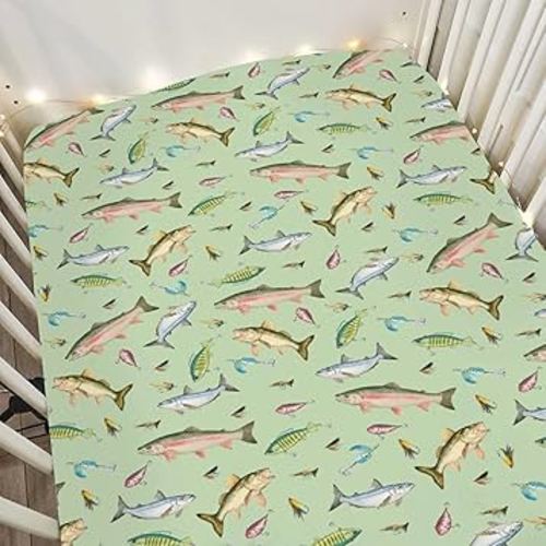 Green Fishing Baby Crib Sheets for Boy Girl 52x28Inch Freshwater Fishes Lures Soft Snug Fitted Crib Mattress Cover Lake Outdoors Fishing Lovers Gift Baby Sheet for Standard Crib & Toddler Mattress