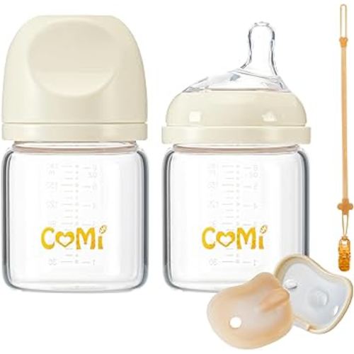 COMI Natural Glass Baby Bottles for Breastfeeding Babies,Newborn Anti-Colic Baby Bottle Set with Slow Flow Nipple,0-3 Months,BPA-Free,6 oz,2 Pack