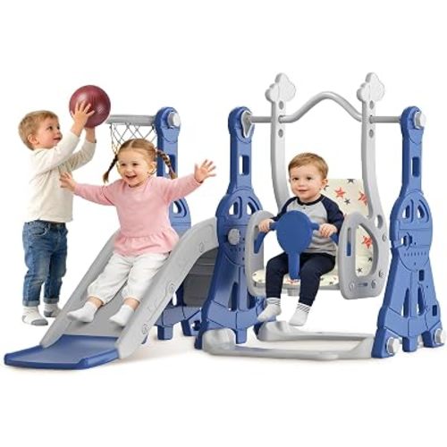 4 in 1 Toddler Slide and Swing Set, Baby Slide for Toddlers Age 1-2, with Basketball Hoop, Indoor Outdoor Toddler Playset Blue