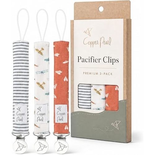 Copper Pearl Pacifier Clip 3-Pack: Premium Knit Binky Clips for Baby Girls and Boys - Stylish Stainless Steel Pacifier Holder Clip - Baby Pacifier Clips for No More Floor Drops - Ace