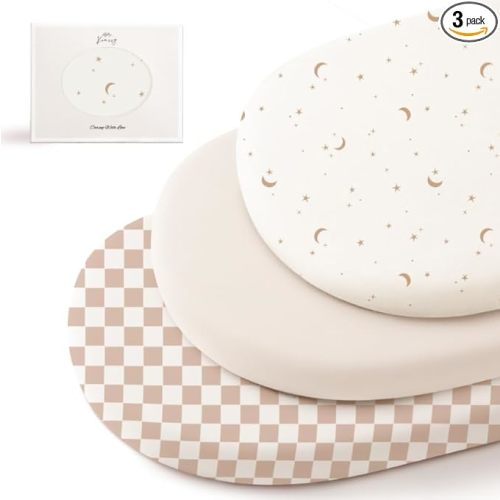 Konssy 3 Pack Stretchy Bassinet Sheets for Baby Girls and Boys, 32"x16" | Silky-Soft & Breathable, Bassinet Mattress Sheet, Compatible with Halo Bassinest Swivel Sleeper, Graco, Snoo (Moon)