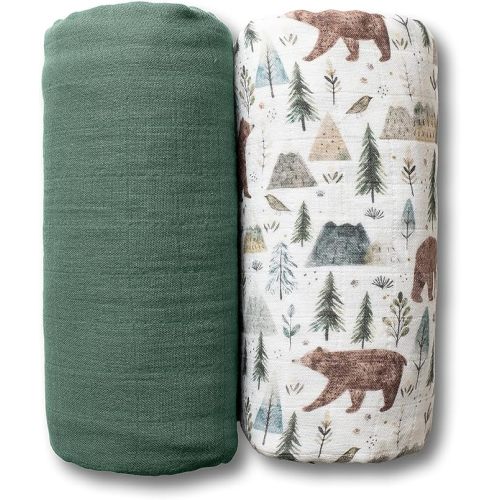 Miaoberry GOTS Certified Organic Muslin Swaddle Blankets, 2 Pack Baby Receiving Blankets, Soft Breathable Cotton Swaddles for Newborn Boys & Girls, Forest Bear & Green