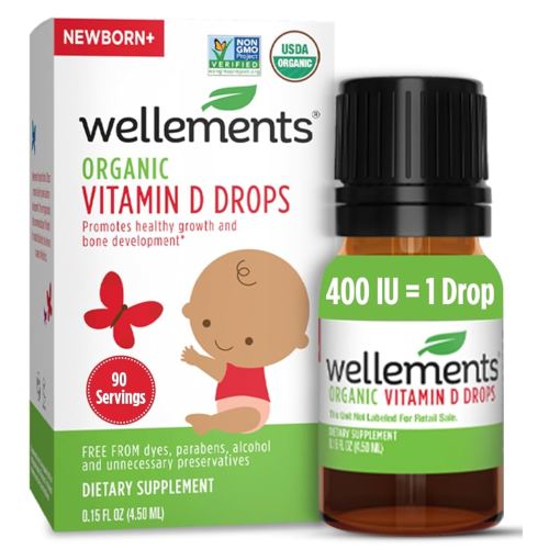 Wellements Baby Organic Vitamin D Drops for Infants & Toddlers (0.15 Fl Oz) - Certified Newborn+ Liquid Vitamin D3 Drops, Support Healthy Growth & Bone Development (1 Drop Daily & 400 IU Per Serving)