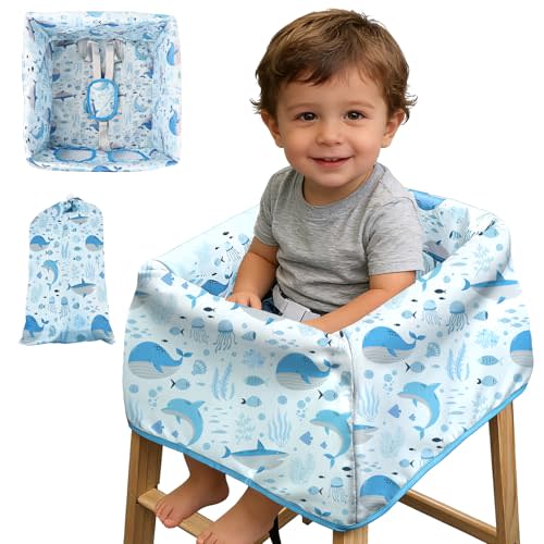BEBOAN High Chair Cover for Restaurant, Portable Highchair Seat Covers with 3-Point Adjustable Safety Harness and Bag, for Eating/Travel/Home Use, Machine Washable, Fit Wooden Chairs (Blue Whale)