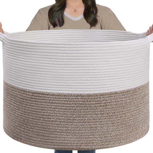 Timeyard Large Woven Laundry Hamper Basket - Decorative Storage Organizer for Living Room, Holds Toys Pillows Blankets Clothes - 21.7" x 21.7" x 13.8"-Brown