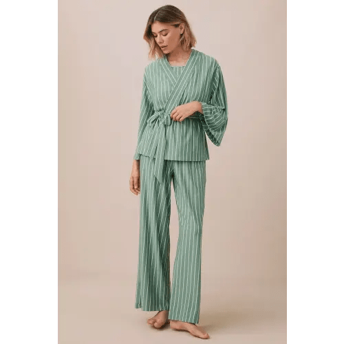 LAKE Pajamas DreamModal® Kimono Three-Piece Pants Bundle in Boxwood Vertical Stripe