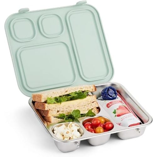Elk and Friends Kids Stainless Steel Bento Box with Silicone Lid | Leak-proof | Toddler Lunch Container | 4 Compartments | Dishwasher Safe