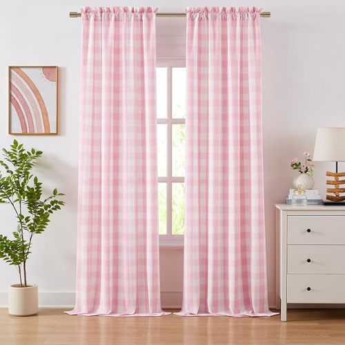 Pink White Buffalo Plaid Curtains 90 Inches Long,Farmhouse Semi Sheer Drapes for Girls Room Bedroom Living Room,Rustic Window Treatment,Rod Pocket Top,Pink/White(Pack of 2)