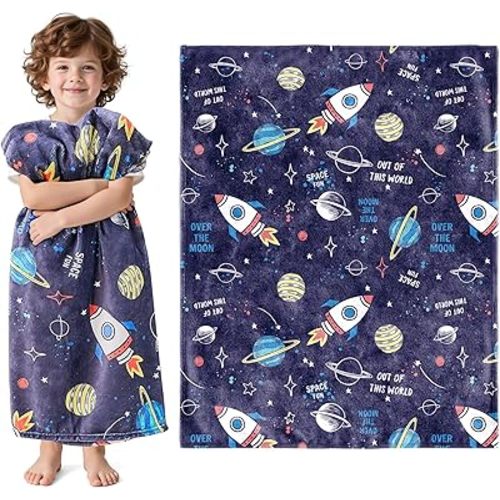 Wajade Toddler Fleece Space Blanket for Boys Kids 3D Rocket Planets Soft Throw Blanket Birthday Christmas Halloween Space Decor for Children 50"x60"
