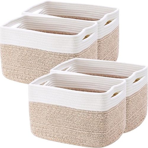 Set of 4 Rope Basket for Shelves Woven Rectangle Storage Basket Bins for Nursery Toy Storage for Baby Girl