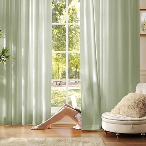 Anmao Non-See-Through Sage Green Privacy Semi Sheer Curtains for Living Room 63 Inch Length 2 Panels Set, Light Filtering That Let Light in Rod Pocket Window Drapes for Bedroom, 40W x 63L, Sage