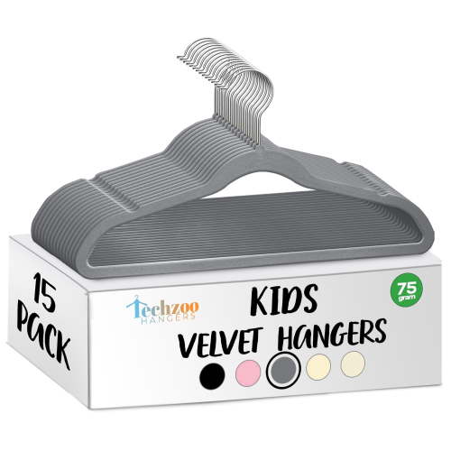 Techzoo Premium Kids Velvet Hangers 15 Pack – 14" Non Slip Felt Cloth Hangers for Closet – Ultra Slim, Space Saving Kids Clothes Hangers with 360° Swivel Hook, Toddler Children Kids Hangers – Gray