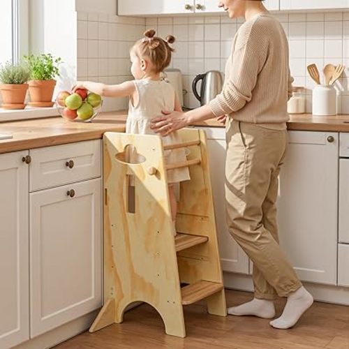 COSYLAND Height Adjustable Toddler Standing Tower - Super Stable Kids Kitchen Stool Helper with 4 Support Blocks - 3 Levels Adjustable Wooden Kitchen Stool (All Natural)