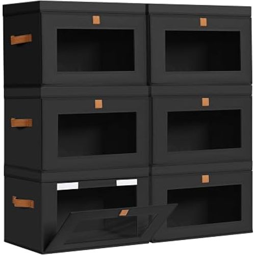 DIMJ Storage Bins with Lids - 6 Pack Large Fabric Closet Organizer with Window & Handles, Collapsible Decorative Storage Boxes for Shelves Under Bed, Books Clothes Blankets Sweaters Organization